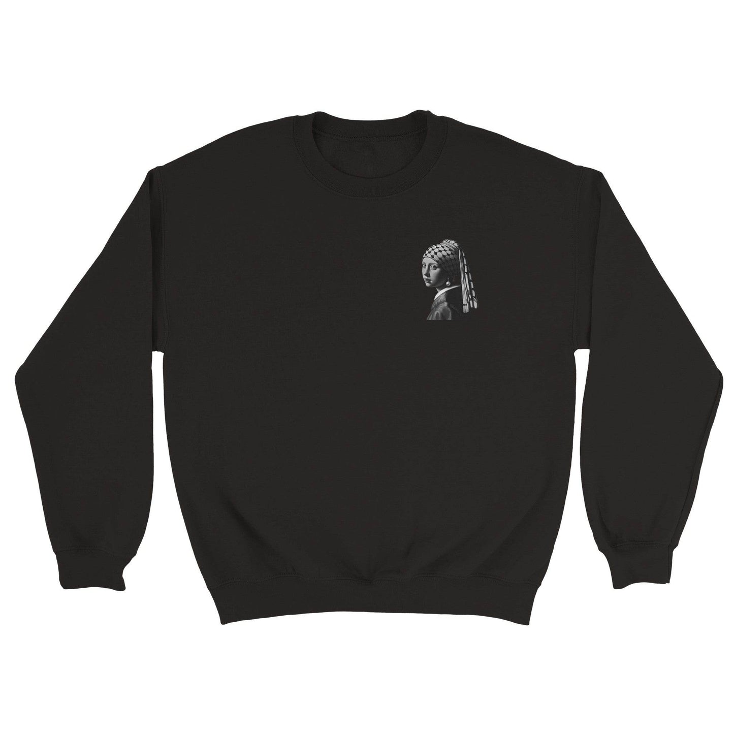 “Girl With a Pearl Earring and a Keffiyeh” T-Shirt, Sweatshirt, and Zipped-Hoodie - Art for Palestine Collection - The Aesthete