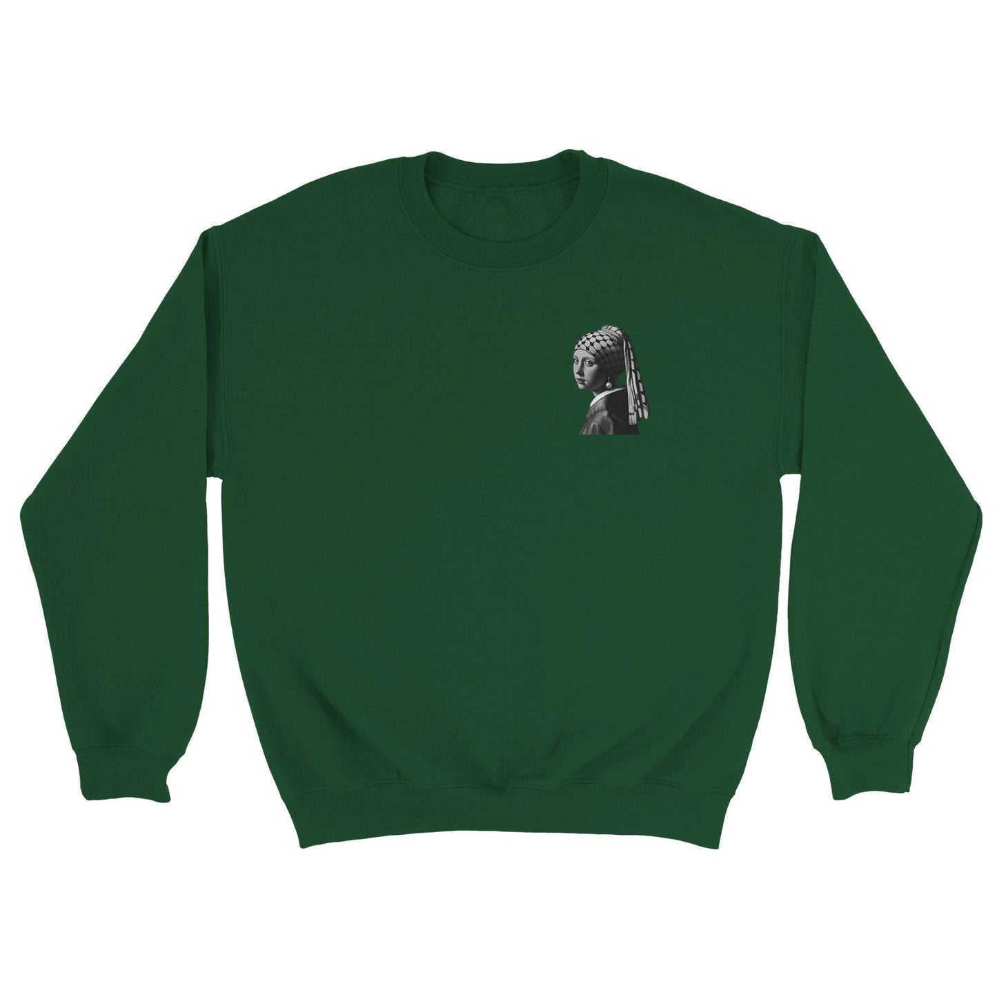 “Girl With a Pearl Earring and a Keffiyeh” T-Shirt, Sweatshirt, and Zipped-Hoodie - Art for Palestine Collection - The Aesthete