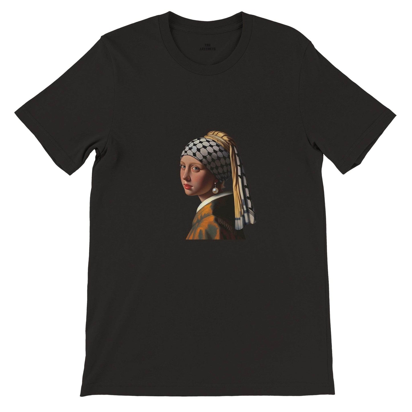 “Girl With a Pearl Earring and a Keffiyeh” T-Shirt, Sweatshirt, and Zipped-Hoodie - Art for Palestine Collection - The Aesthete