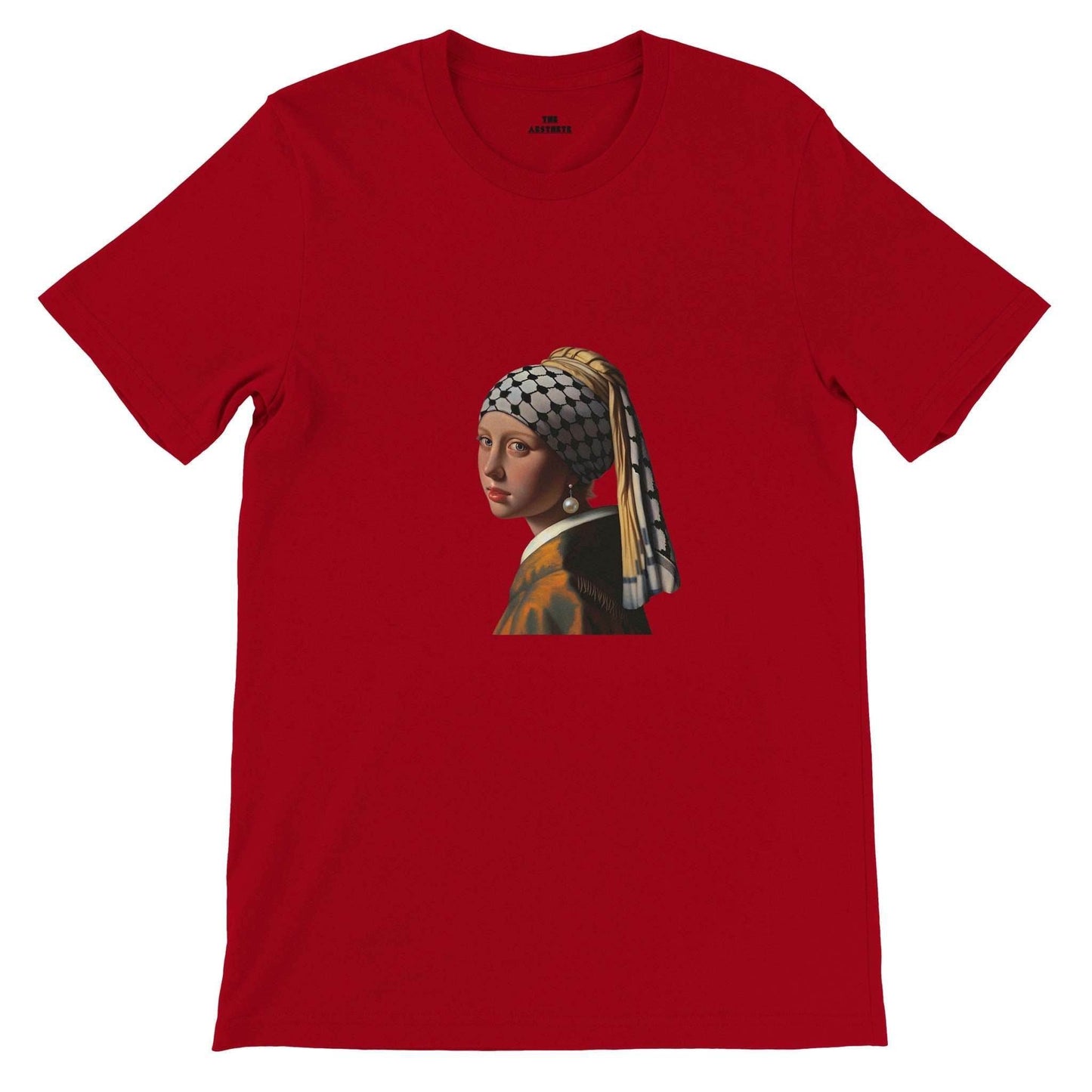 “Girl With a Pearl Earring and a Keffiyeh” T-Shirt, Sweatshirt, and Zipped-Hoodie - Art for Palestine Collection - The Aesthete