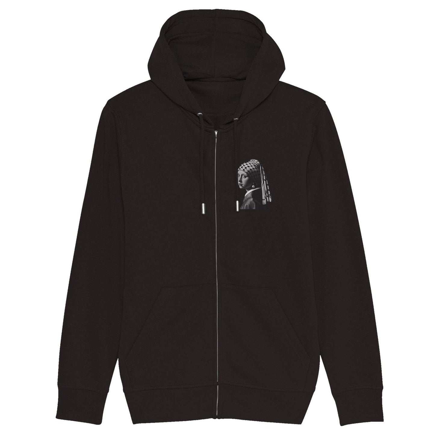 “Girl With a Pearl Earring and a Keffiyeh” T-Shirt, Sweatshirt, and Zipped-Hoodie - Art for Palestine Collection - The Aesthete