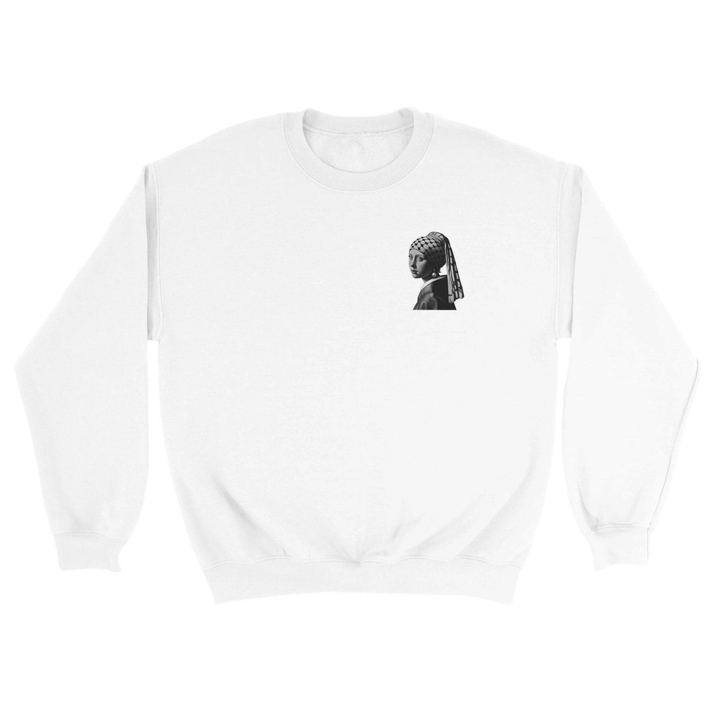 “Girl With a Pearl Earring and a Keffiyeh” T-Shirt, Sweatshirt, and Zipped-Hoodie - Art for Palestine Collection - The Aesthete