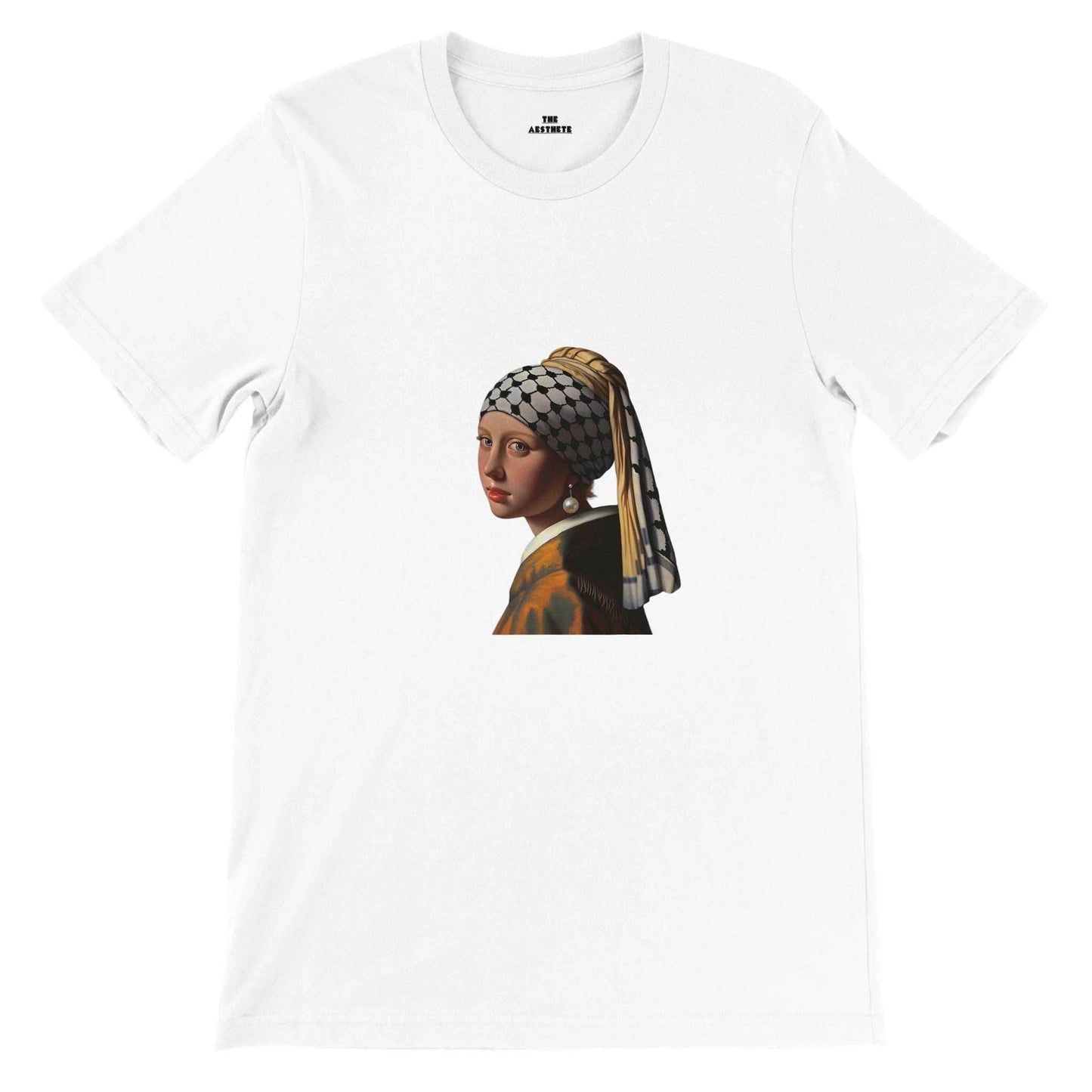 “Girl With a Pearl Earring and a Keffiyeh” T-Shirt, Sweatshirt, and Zipped-Hoodie - Art for Palestine Collection - The Aesthete