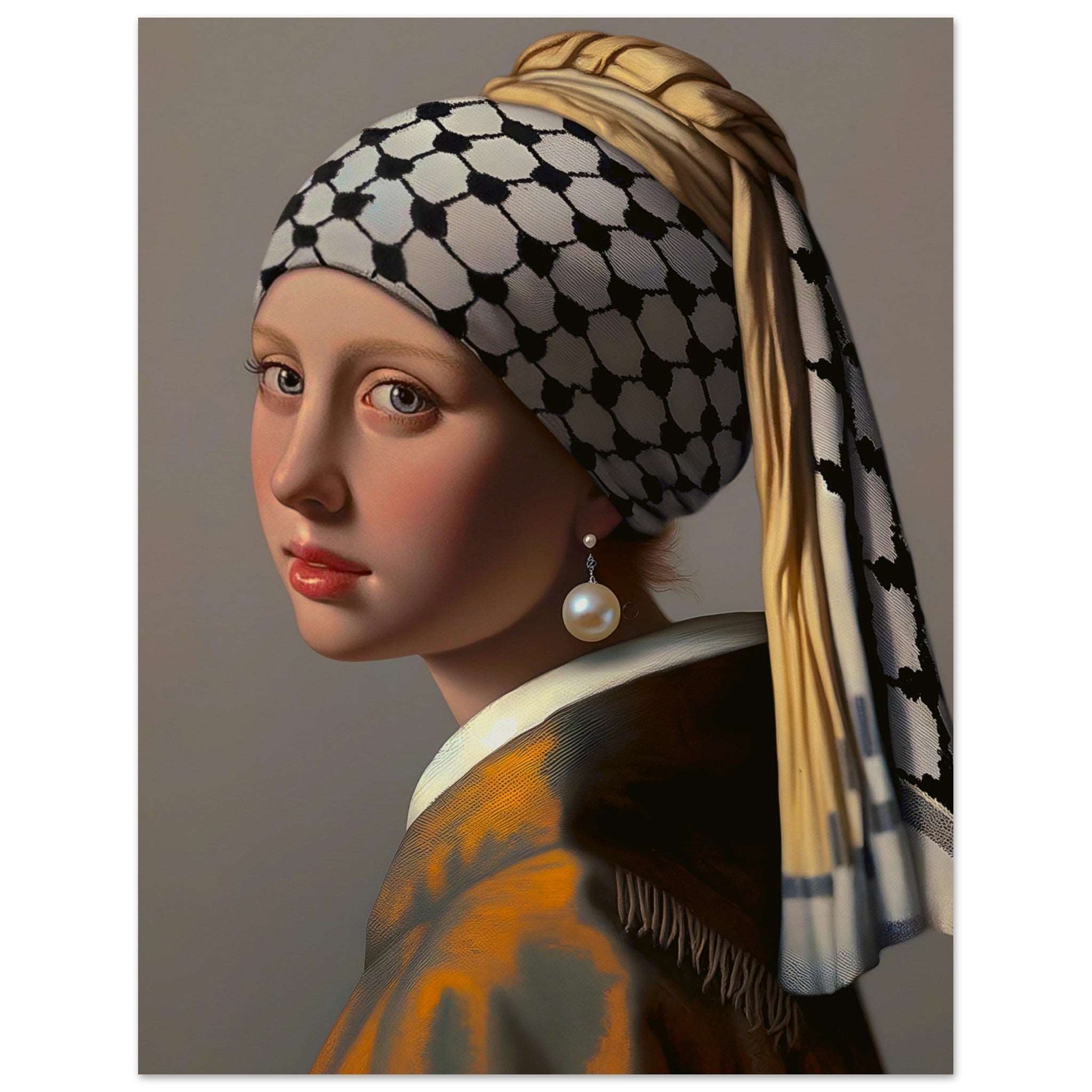 "Girl with a Pearl Earring and a Keffiyeh" - Museum-Quality Poster from the Art for Palestine Collection